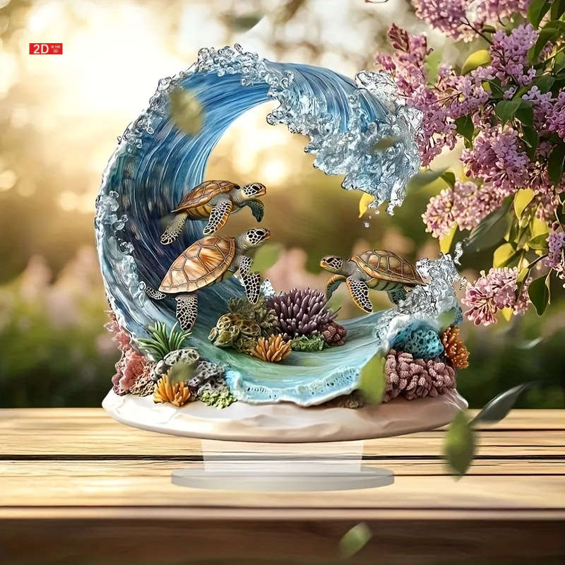 1pc 2D Flat  Bohemian Style Crystal Sea Turtle Wave Decor Plaque Vibrant Oceanic Scene with Color