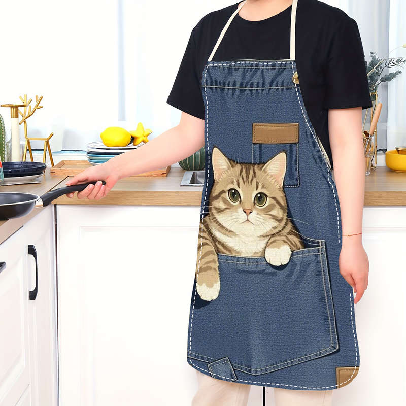 1pc Adult-Sized Linen Apron with Cute Cat in Pocket Design Sleeveless Blue Denim Kitchen Wear Ide