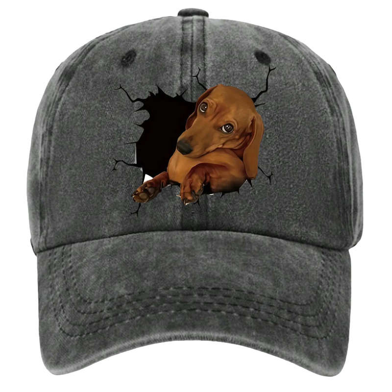 1pc Cotton Baseball Cap with 3D Dachshund Dog Print Unisex Distressed Vintage Washed Adjustable C
