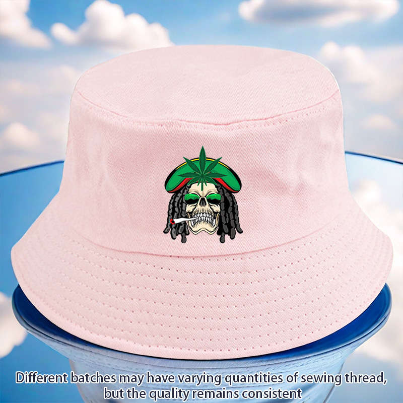 1pc Reggae Style Green Leaf Skull Print Bucket Hat Lightweight All-Season Fisherman Cap with T