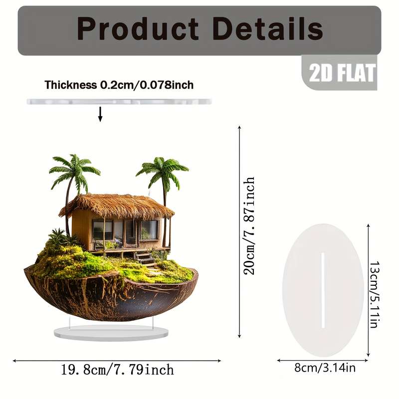 1pc 2D Flat  Bohemian Tropical Island Acrylic Decor Statue  Palm Tree Thatched Roof Design S