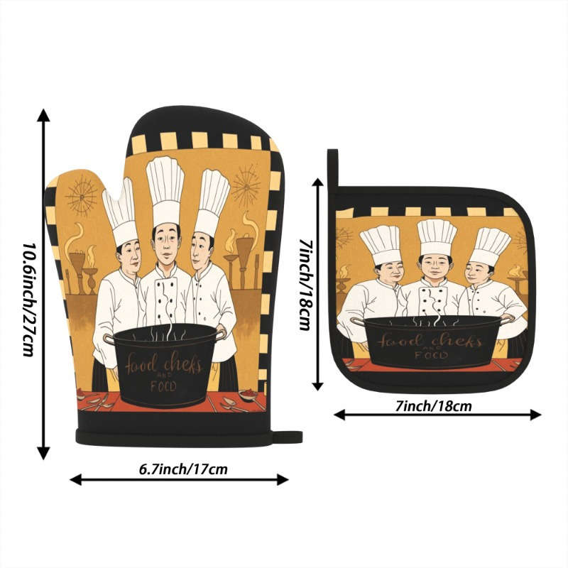 2pcs Chef-Themed Oven Mitts Pot Holders Heat-Resistant Durable Polyester Machine Washable