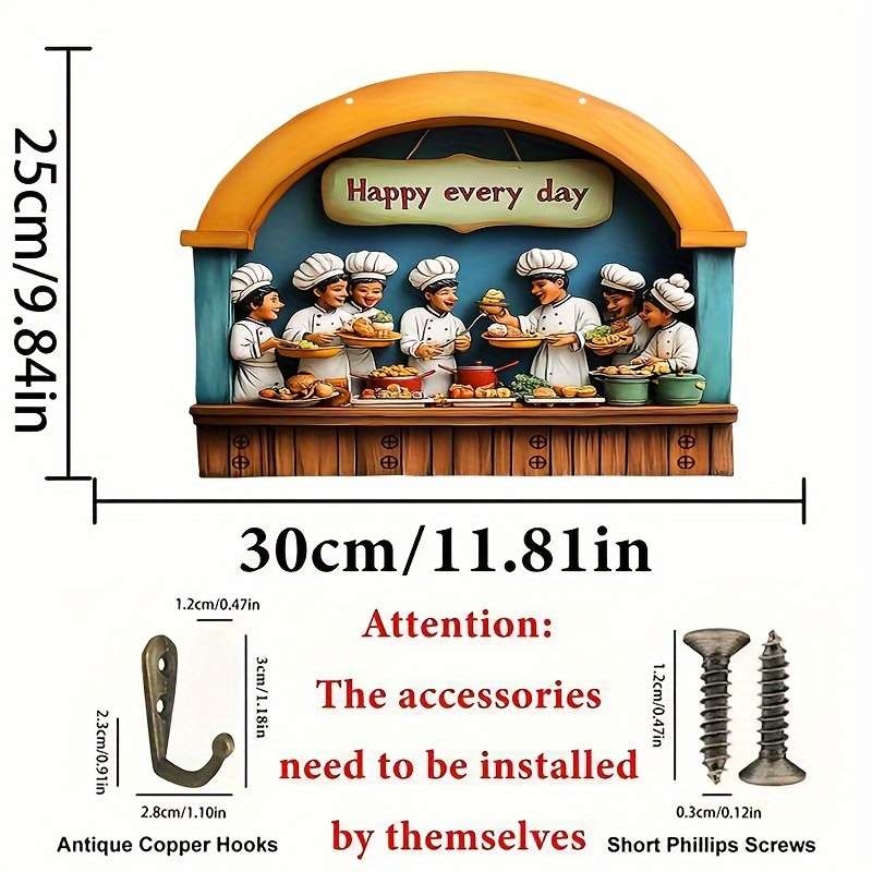 Colorful Wooden Key Holder with Four Metal Hooks"Happy Every Day" Chef Design 30.0cm x 24.99cm