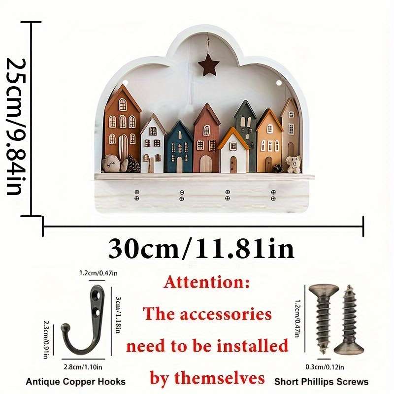 2D Flat 1pc Rural Town Simple and Colorful Wooden and Home Key Rack with Four Metal Hooks 30.0cm