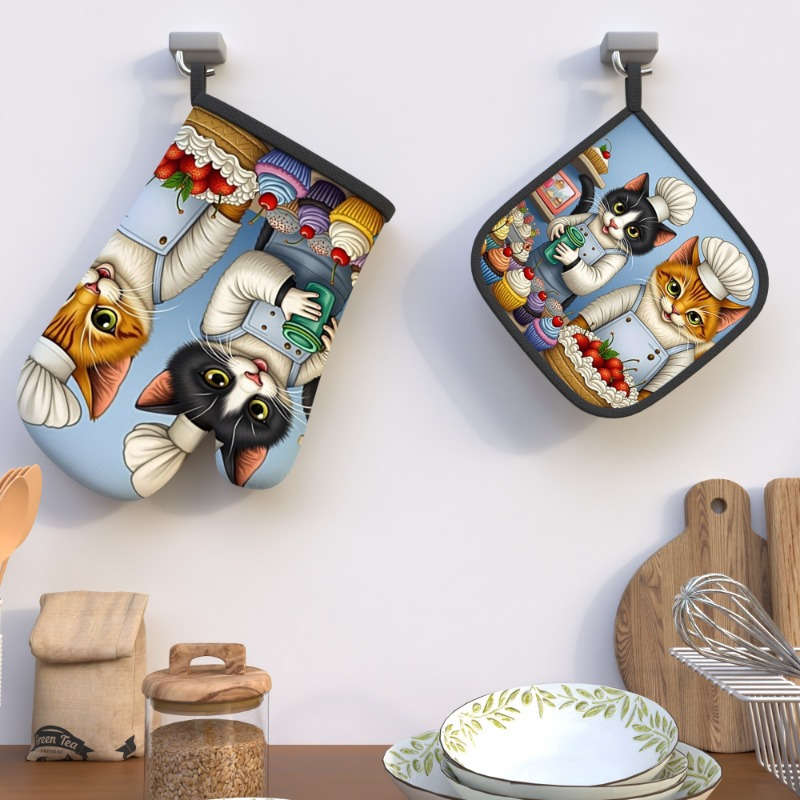 2pcs Cute Cat Chef Oven Mitts Heat Resistant 10.6x6.7 Inch Polyester Kitchen Gloves for Cook