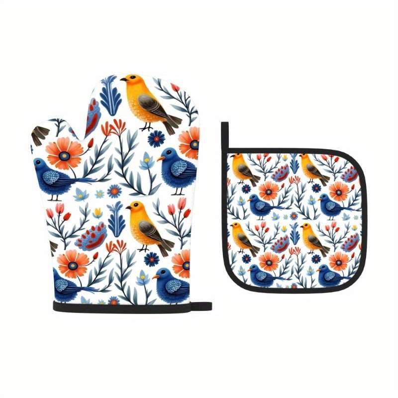 2pcs Floral Bird Design Heat-Resistant Oven Mitts 26.92x17.02 cm Colorful Polyester Kitche