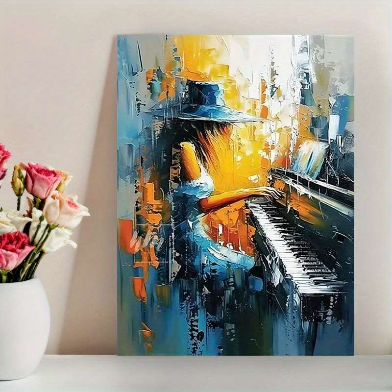 1pc Vibrant Abstract Woman Playing Piano Canvas Art Print Modern Wall Decor for Living Room Bedr