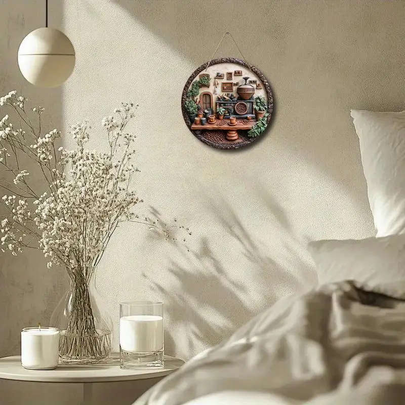 1pc Rustic Round Wooden Coffee Machine Theme Wall Art 20.32x20.32cm 2D Flat Printed Sign for Home Of