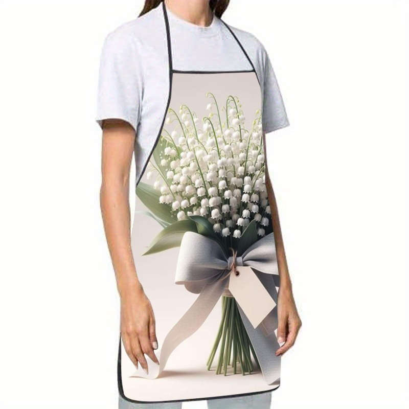 1pc Mother'S Day Lily of the Valley Print Sleeveless Polyester Apron Elegant White Flower R