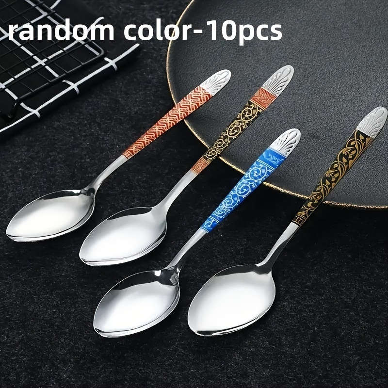 10pcs Elegant Multicolor Stainless Steel Soup Spoons Vintage Print Durable Easy to Clean R