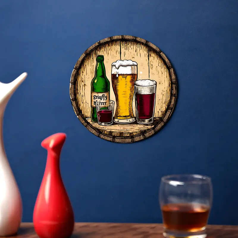1pc Room Decor Vintage Beer Culture Themed Hanging Ornament Decorative Circular Aluminum Sign 18.41c