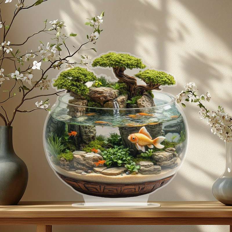 1pc 2D Flat  Acrylic Trim 8-Inch Glass Container with Golden Fish and Artificial Mountain Landscape