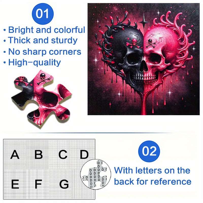 1000pcs Black and Red Skull Heart Jigsaw Puzzle Challenging DIY Brain Teaser for Ad