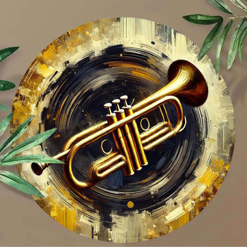 1pc  Jazz Trumpet Foil Art Round Sign 19.81cm Aluminum Wall Decor Aesthetic Music Themed Poste