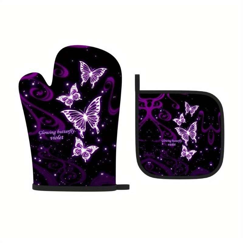 2pcs Purple Dream Butterfly Polyester Oven Mitts Heat Resistant Pot Holders Machine Washable