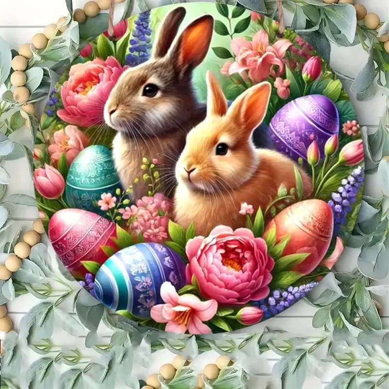 1pc Easter Bunny Eggs Wooden Sign 19.81cm Round Perfect for Indoor Outdoor Decor Wreath Accent Ideal