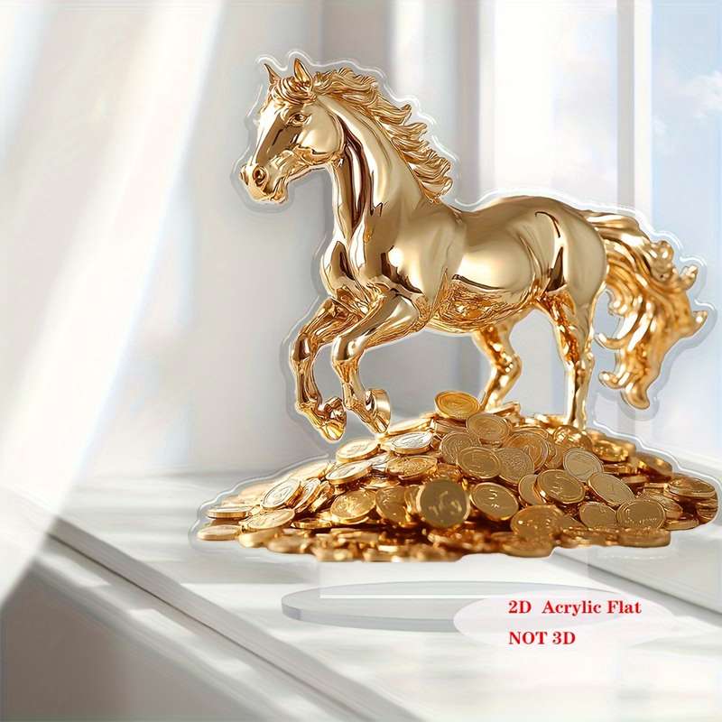 1pc 2D Flat   Elegant Bohemian Style Golden Acrylic Horse Statue with Money Stand 19.99 cm Tal