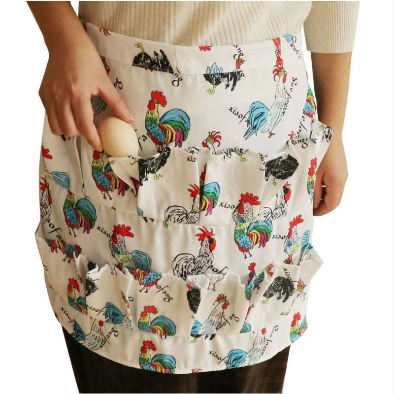 1pc Chicken Print Egg Gathering Apron with Multiple Pockets Durable Polyester Farmhouse Style Ski