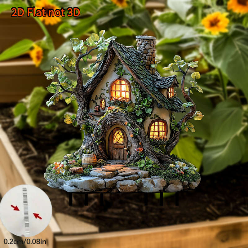 1pc 2D Flat   Decor Suitable for Four Seasons Bohemian Fairy Tale Tree House Garden Stake