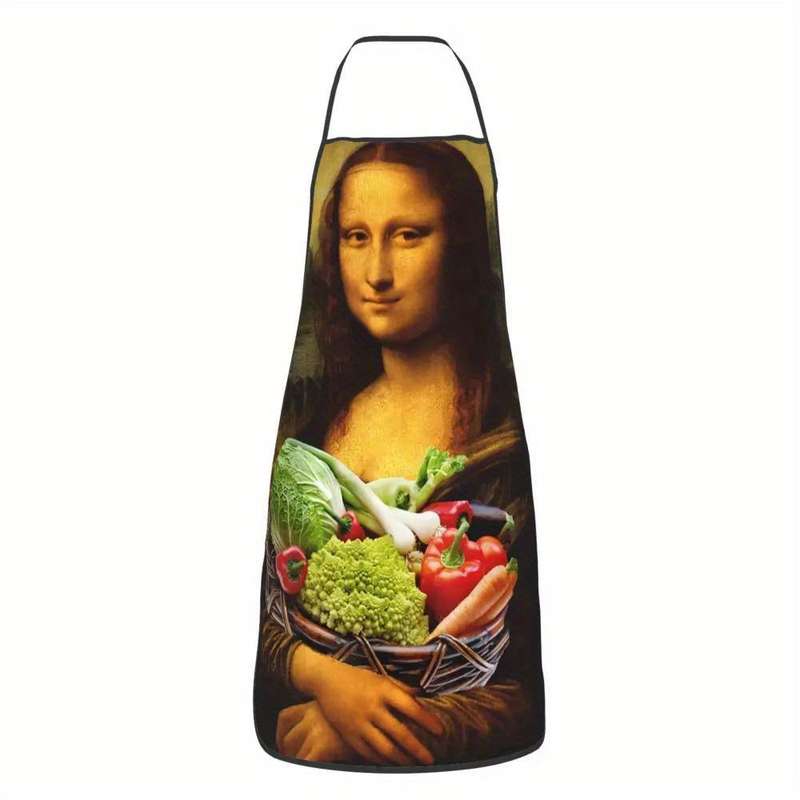 1pc Funny Mona Lisa Loves Vegetables Apron Humorous Artistic Design 100% Polyester Bib Apron
