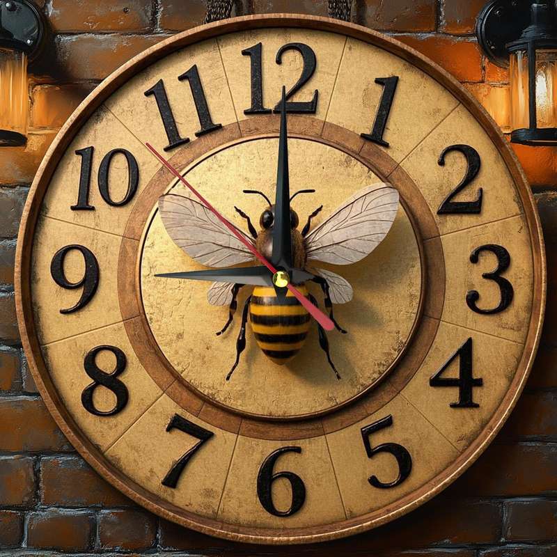 1pc Vintage Bee-Themed Wooden Round Wall Clock Silent Non-Ticking Farmhouse Decor for Kitchen Be