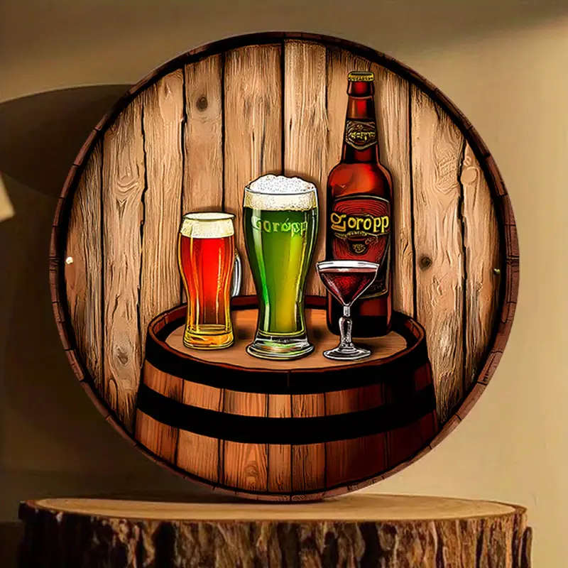 1pc Vintage Pub-Themed 20.32x20.32cm Round Aluminum Sign Rustic Beer Barrel Scene Wall Art Durable M