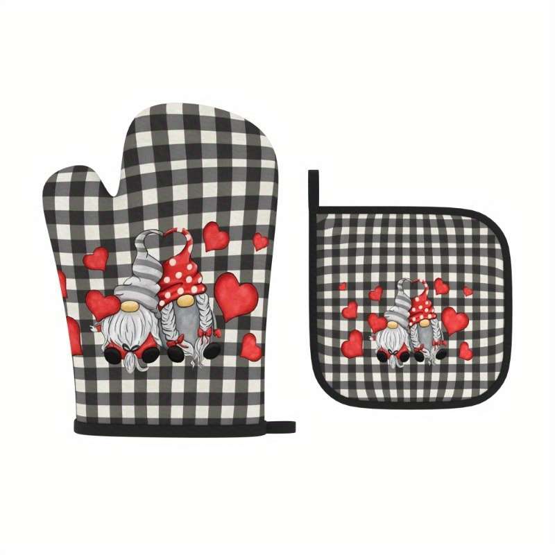 2pcs Valentine's Day Oven Mitts Potholders Heat-Resistant Black White Checkered with Red