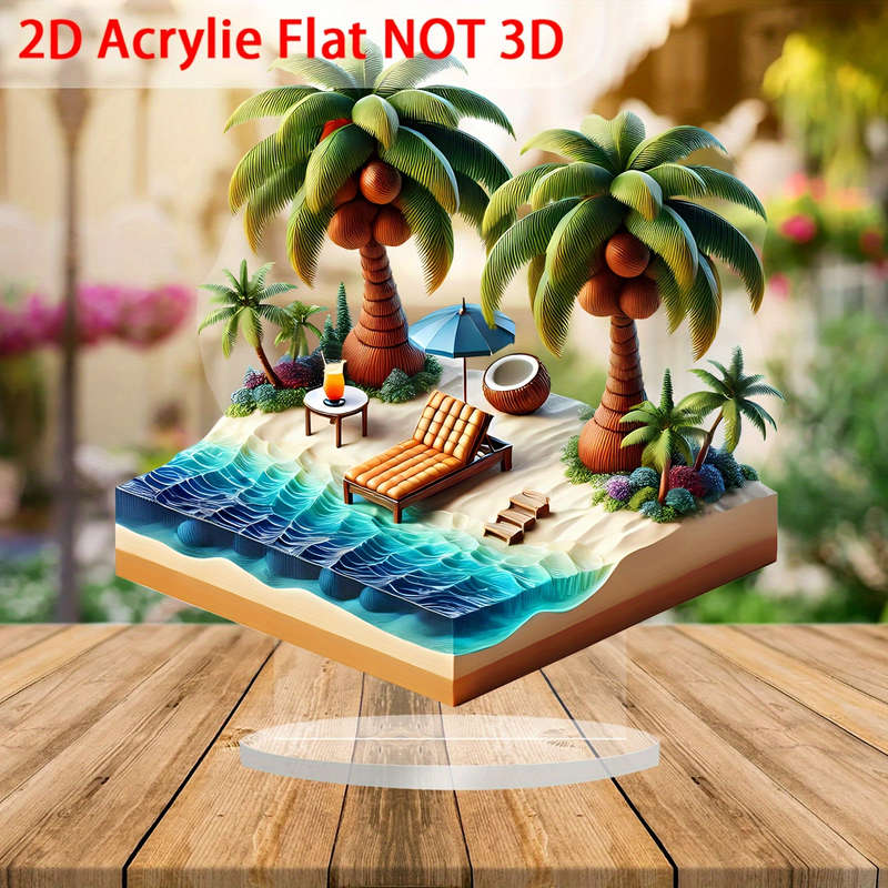 1pc 2D Flat  Vibrant Tropical Island  Acrylic Desk Decor Serene Beach Scene with Lounger Palm