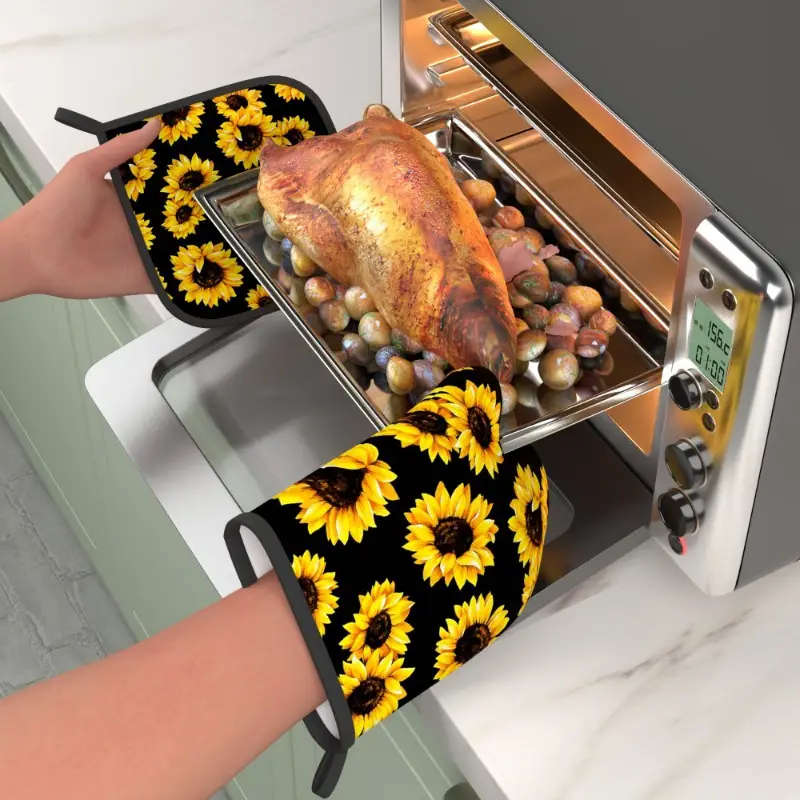 2pcs Sunflower Oven Mitt Set Heat Resistant Polyester Kitchen Gloves and Potholders Woven Machine Wa