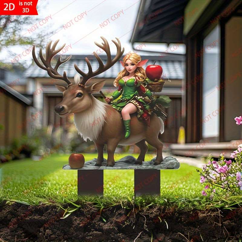 1pc 2D Flat  Farmhouse Style  Garden Lawn Ornament Girl Riding Deer with Apples Durable P