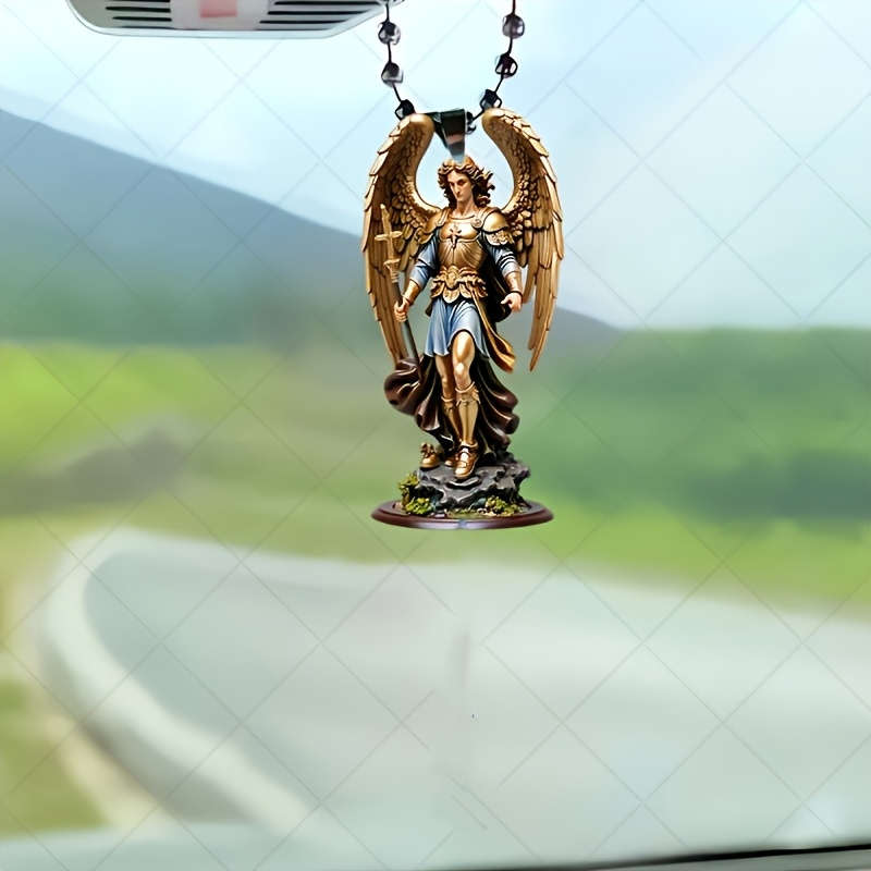 1pc 2D Flat  Acrylic Archangel Michael Pendant Detailed Angel Statue with Blue Tassel Christian R