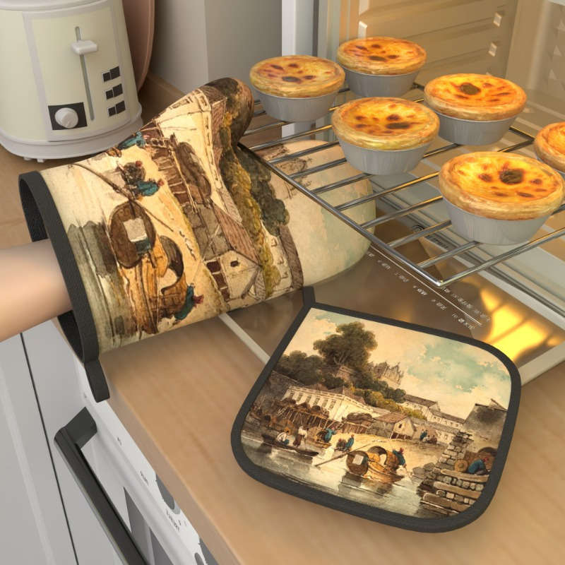2pcs Heat-Resistant Oven Mitts with Charming Small Town Life Design 26.92x17.02 cm Polyester