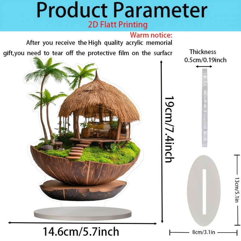 1pc 2D Flat  Boho Tropical Coconut Hut Acrylic Artwork with Wooden Base Handmade