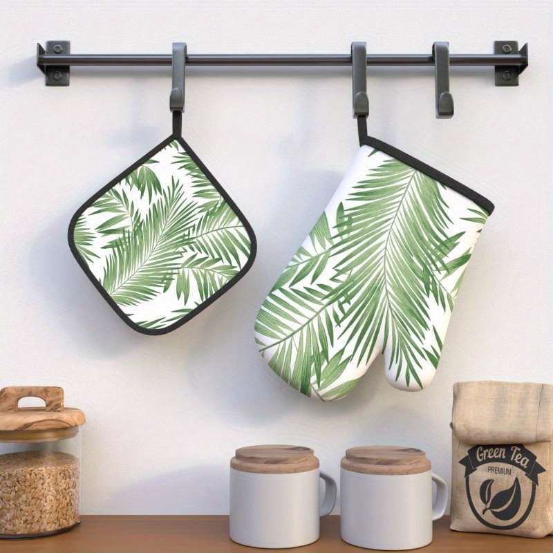 2pcs Summer Green Leaves Oven Mitts Pot Holders Set 26.92x17.02cm Heat Resistant Machine W