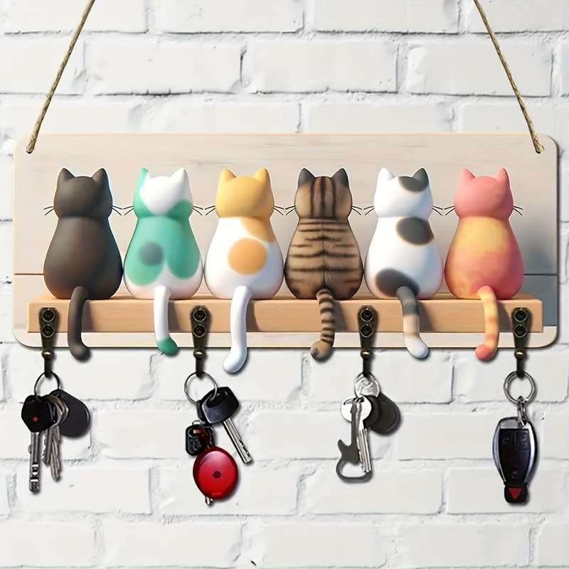 A 2D Whimsical Cat Silhouette Keychain with 4 One Metal Hooks-Colorful Wall-Mounted Wood Artwork Pe