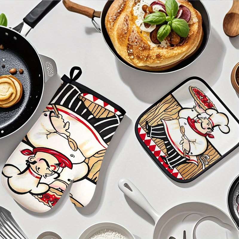 2 piece set Kitchen Oven Gloves and Hot Pads Pizza Chef Design for Kitchen Cooking Baking and