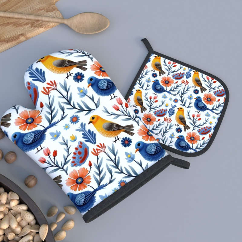 2pcs Floral Bird Design Heat-Resistant Oven Mitts 26.92x17.02 cm Colorful Polyester Kitche