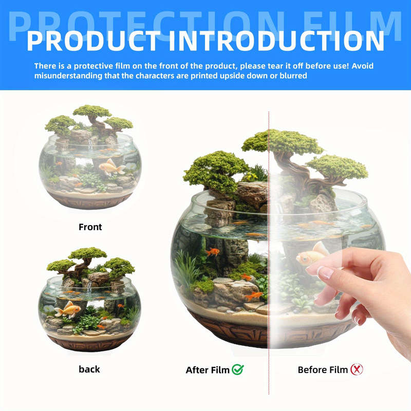 1pc 2D Flat  Acrylic Trim 8-Inch Glass Container with Golden Fish and Artificial Mountain Landscape