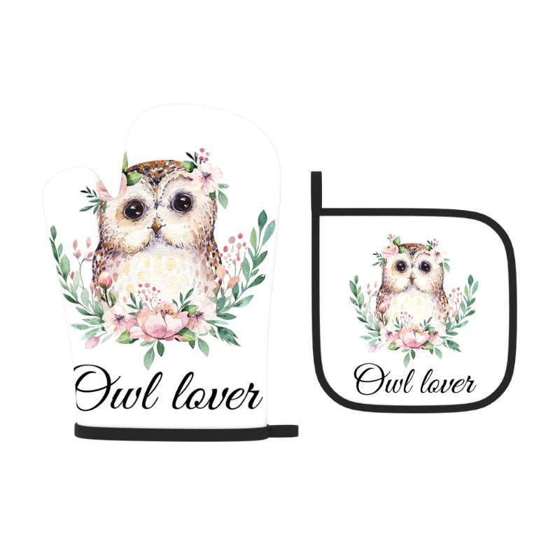 2pcs Set Owl Lover Themed Polyester Oven Mitts and Pot Holders 26.92x17.02 cm Heat Resistant