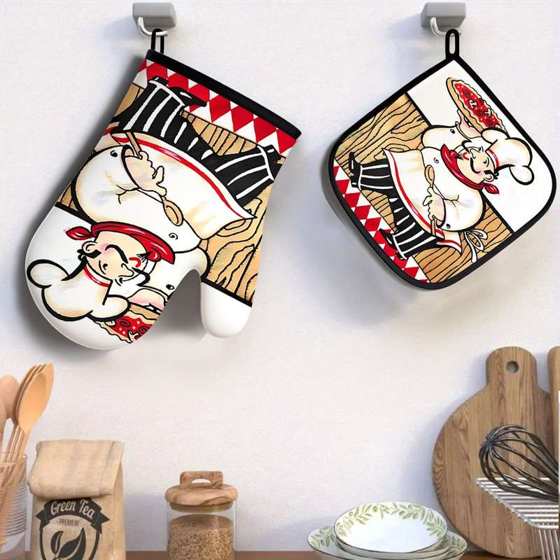 2 piece set Kitchen Oven Gloves and Hot Pads Pizza Chef Design for Kitchen Cooking Baking and