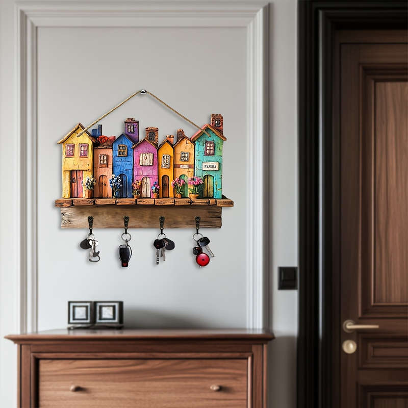 1pc Classic Home Wooden Wall Keychain 29.97cm X 22.86cm with 4 Metal Hooks Multipurpose Home Deco