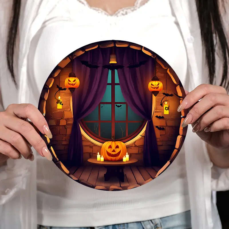 1pc Room Decor Rustic Round Aluminum Sign 19.6 cm Halloween Pumpkin Theme Wall Art Vintage Style Dec