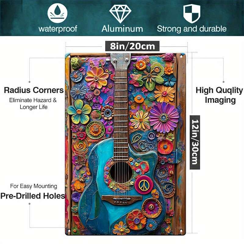 1pc Vintage Hippie Guitar Aluminum Tin Sign 8x12 Inch 20x30cm No Electricity Required Wall-Mo