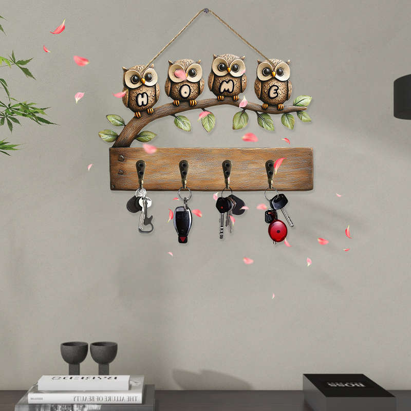Vintage Owl Family Wall Hook RackRustic Wooden Key Holder with 4 Hooks Charming Owl Design for H
