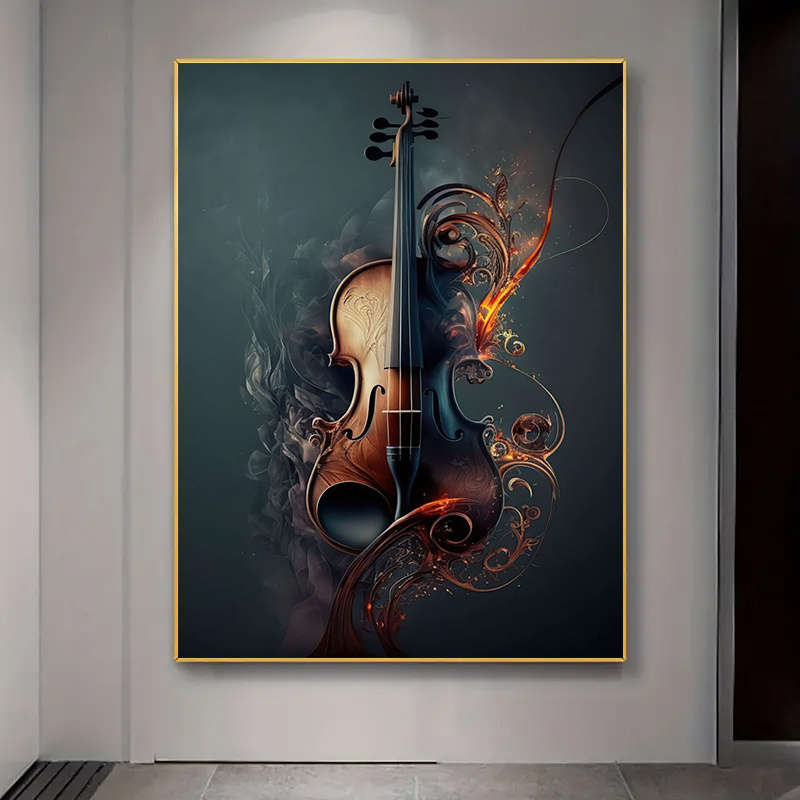 1pc  Large 79.98x119.99cm Frameless Canvas Art Elegant Violin Design with Fiery Swirls Modern