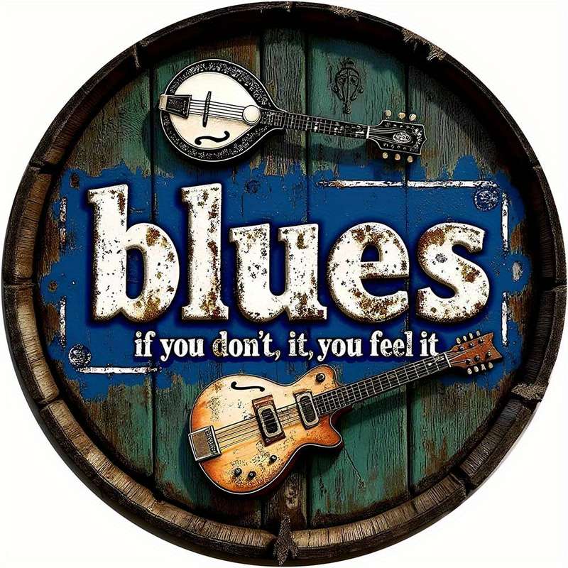 1pc Vintage Blues Music-Inspired 20.32x20.32 cm Metal Sign Rustic Blue Guitar Accordion Wall Ar