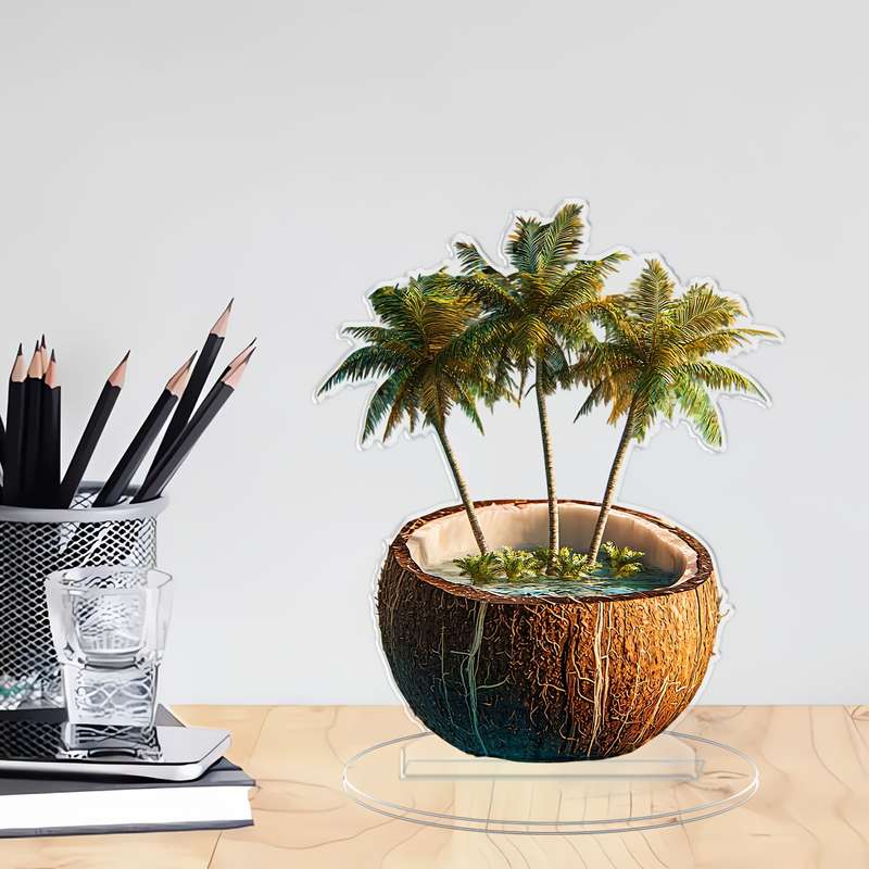 1pc 2D Flat    Acrylic Coconut Shell Planter with Palm Tree Design Clear Decorative Desktop
