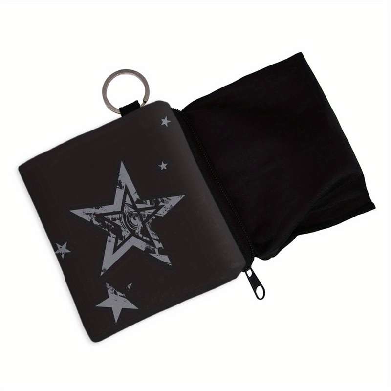 1pc Black Polyester Star Print Coin Purse with Keychain C 3D Pentagram Design Multi-Functional Zip