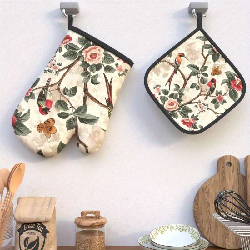 2pcs Floral Oven Mitts and Pot Holders Set Heat Resistant Machine Washable Polyester Ideal
