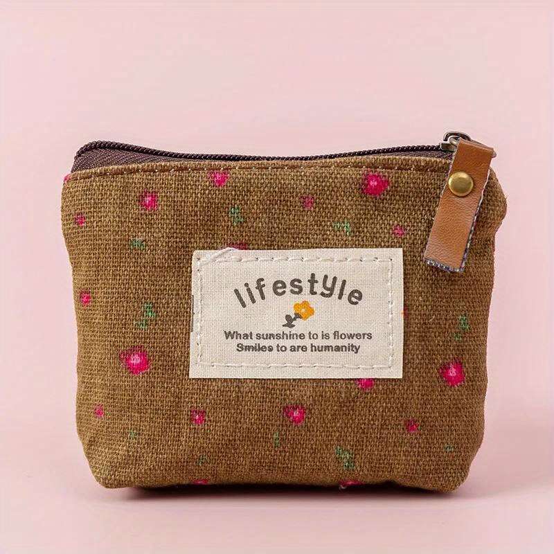 1pc Chic Floral Canvas Coin Purse Key Pouch Compact Zippered Wallet with Earphone Storage Ligh